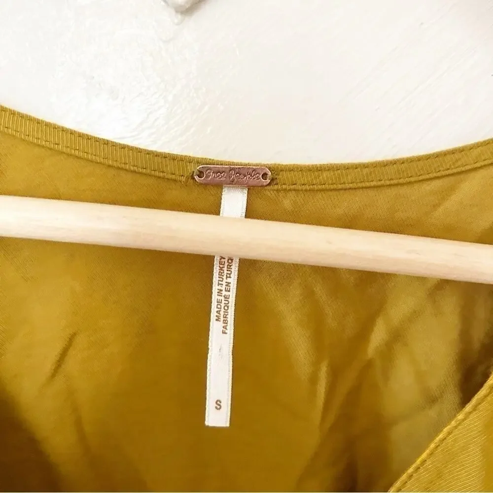 Free People Mustard Yellow Long Sleeve Smocked Forever Yours Cropped Top Size S